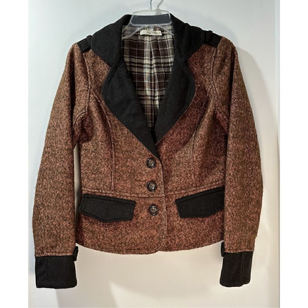 Hazel women’s brown wool blend blazer w/dark brown trim & pockets Small #28-0717
